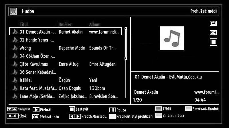 Přehrávání hudby přes USB Pokud z vyberete možnost Hudba, seznam všech dostupných hudebních souborů se zobrazí na obrazovce. / : Prohledávat menu Přehrát ( tlačítko): Spustí přehrávání videa.