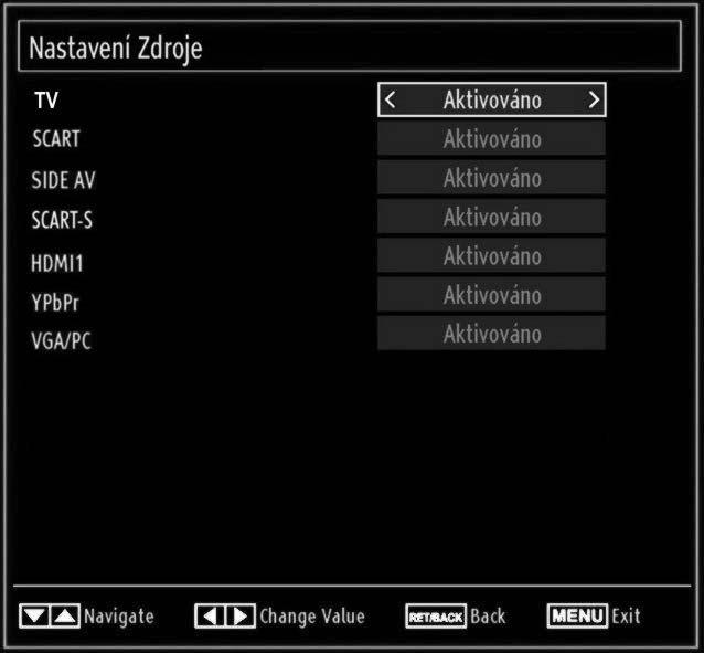Konfigurace nastavení Zdroje Zde můžete povolit či zakázat vybrané zdroje. Pokud stisknete tlačítko SOURCE, TV se nepřepne do možnosti zakázání zdroje.
