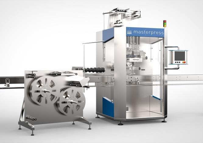 MASTERPRESS S.A. Aplikator etykiet termokurczliwych MP-200M Innowacyjny aplikator etykiet sleeve MP-200M jest przeznaczony do linii produkcyjnych o średniej wydajności.