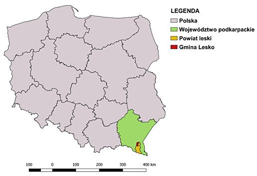 POŁOŻENIE BADANEGO OBSZARU Gmina Lesko leży w południowej części województwa podkarpackiego.