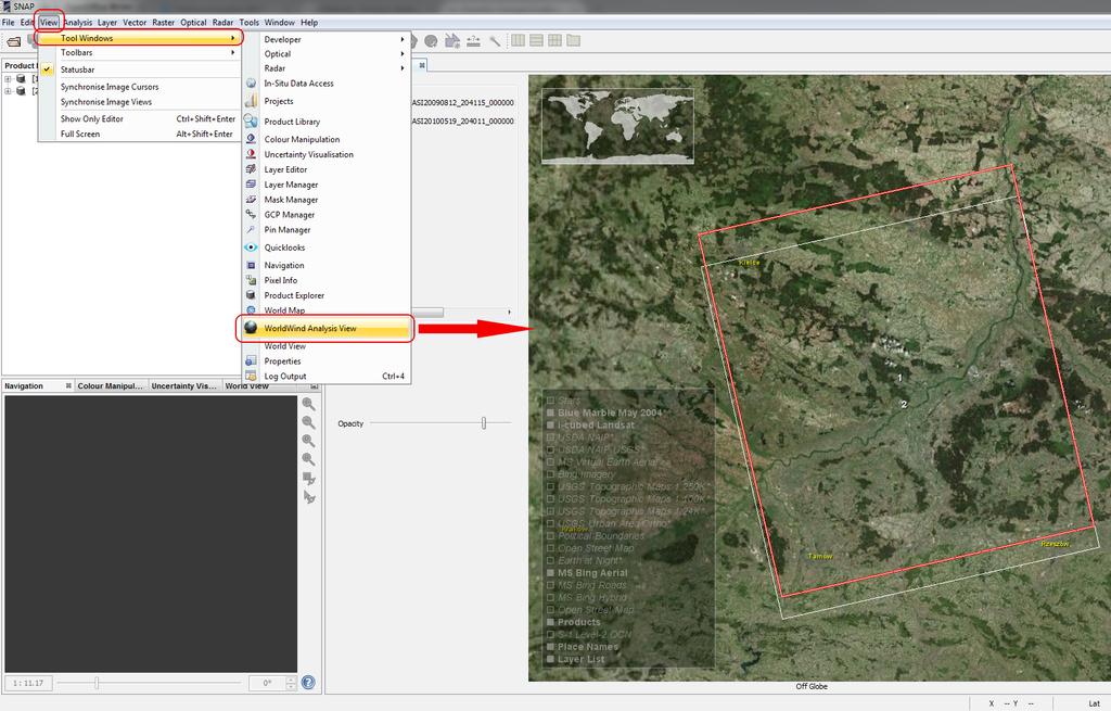 c) Wyświetlenie zasięgu scen na mapie View Tool Windows WorldWind Analysis View Zasięg analizowanych scen został wyświetlony na mapie podkładowej.