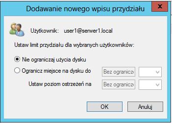 Gdy wybierzemy użytkownika pojawi się takie oto okno, w którym możemy dokonać nadania przydziału tylko dla niego. Tym samym ustawienie domyślnego przydziału dla tego użytkownika jest anulowane, np.