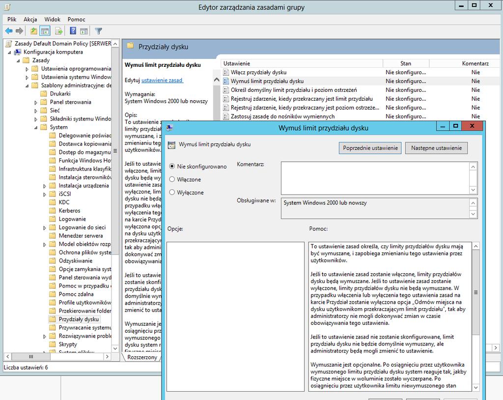 Dostęp do ustawień: Konfiguracja komputera->zasady->szablony administracyjne(...)->system- >Przydziały dysku.