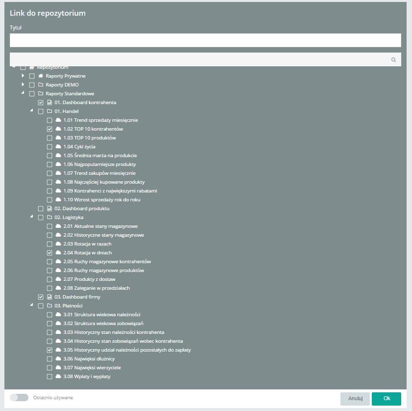 Rysunek 120 Tworzenie linku do repozytorium Zaznaczenie z lewej strony suwaka Ostatnio używane pokaże link do repozytoriów które były otwierane w niedalekim odstępie czasu.