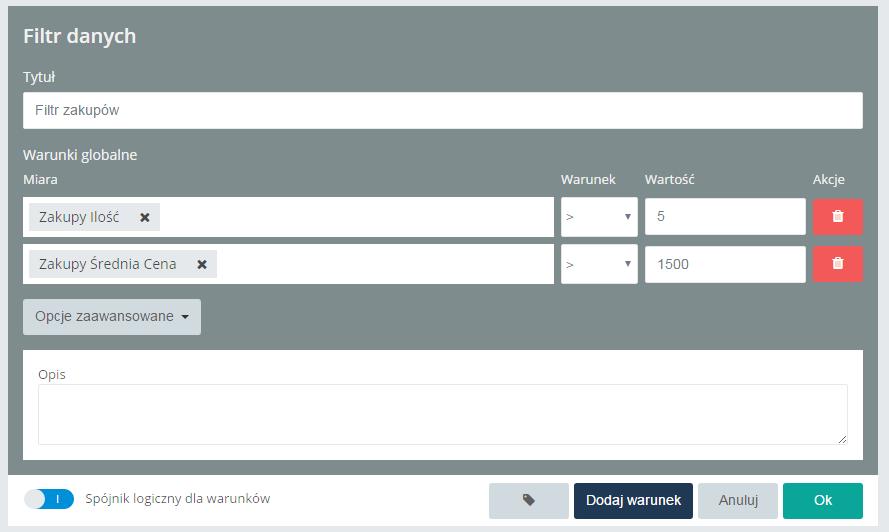 5.3.12 Filtr danych Aby stworzyć element separujący dane należy użyć kontrolki Filtr danych. Aby ją stworzyć należy z menu po lewej stronnej na Dashboardzie wybrać odpowiedni kafelek.