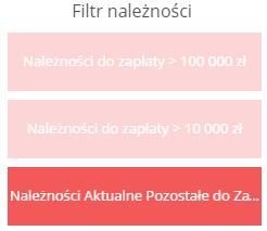 Zaznaczając odpowiedni kafelek automatycznie zaktualizują się dane na tabeli o wybrany zakres (należności do zapłaty które wynosiły więcej niż 100 000, 10 000 lub takie które są wciąż aktualne).