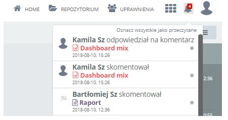 7.4 Komentarze do raportów i dashboardów Ikonka powiadomień informuje nas o dodaniu