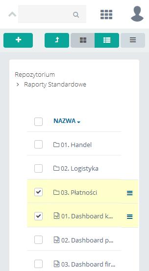 Rysunek 169 Zaznaczanie elementów w repozytorium wersji mobilnej Gdy nie jest wykonywane zaznaczanie elementów, na panelu jest dostępna ikona, przenosząca użytkownika o poziom wyżej w strukturze