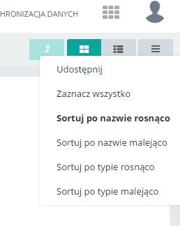 Rysunek 23 Lista z opcjami w repozytorium Lista zawiera opcje sortowania elementów w repozytorium zarówno po nazwie jak i po typie malejąco i rosnąco.