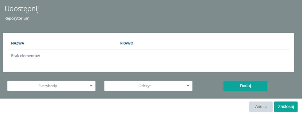Sortowanie rosnąco po typie wyświetla w pierwszej kolejności foldery, później dashboardy, a na końcu raporty. Opcja Udostępnij pozwala na udostępnienie wybranego elementu innym użytkownikom.