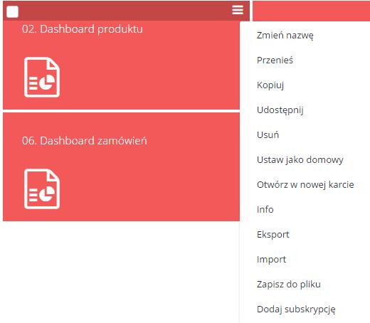 Rysunek 27 Opcje na kafelku Dla folderów dostępne opcje to: Zmień nazwę, Przenieś, Kopiuj, Udostępnij, Usuń, Info, Export, Import.