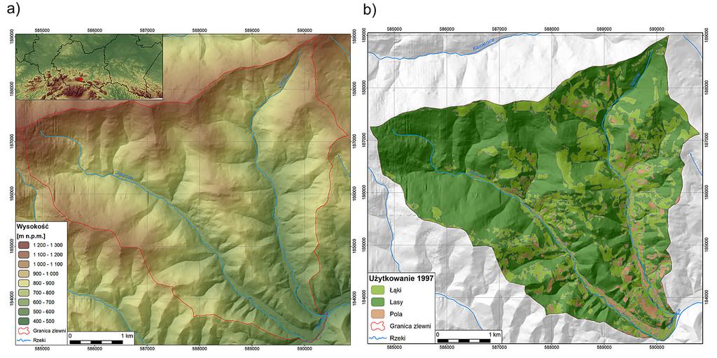 Rys. 1. Mapy terenu badań: a) model wysokościowy, b) mapa pokrycia terenu Fig. 1. Maps of study area: a) elevation model, b) land cover map (2-4ºC) powyżej 1100 m n.p.m. Średnia roczna suma opadów w latach 1972-2013 wyniosła 829,4 mm (dane IMGW).