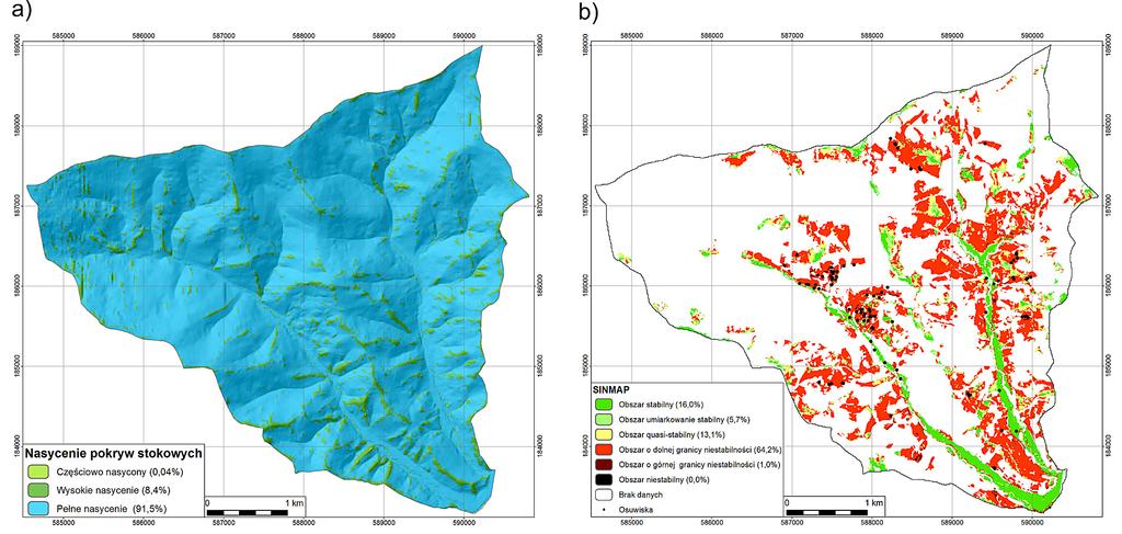 Inżynieria Ekologiczna / Ecological Engineering Vol. 19 (1), 2018 Rys. 5. Wyniki obliczeń stopnia nasycenia pokryw stokowych (a) i wskaźnika stabilności (b) dla analizowanych dolin Fig. 5. Calculations results of soil profile saturation (a) and stability index (b) obtained for analyzed valleys (rys.