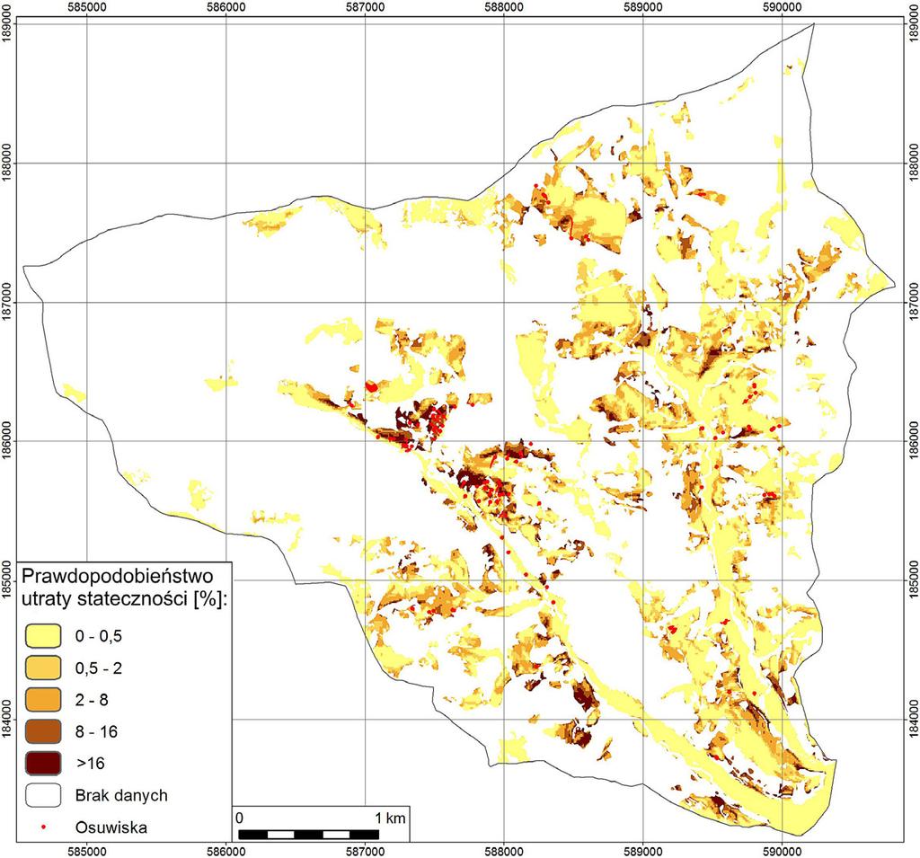 Rys. 7. Mapa rozkładu prawdopodobieństwa utraty stateczności na analizowanym terenie Fig. 7. Map of failure probability distribution within analyzed area Otrzymane wyniki obliczeń zostały przeniesione na numeryczny model terenu (rys.