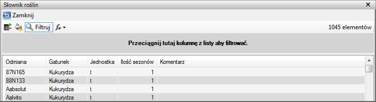 Słownik roślin zawierający ponad 1.000 odmian gotowych do użycia w programie. Aby ułatwić sobie wybór konkretnych odmian możemy skorzystać z filtra.