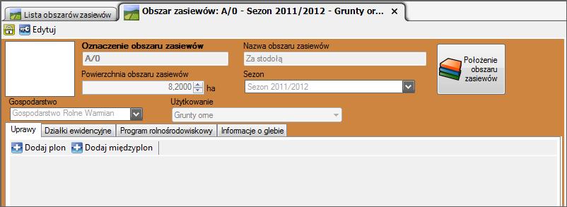 Otworzy się lista obszarów zasiewów. Na wybranym elemencie listy klikamy dwukrotnie lewym przyciskiem myszy, aby otworzyć kartę obszaru zasiewu.