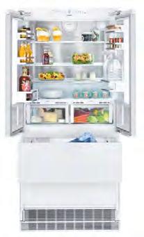 BioFresh na prowadnicach teleskopowych, z możliwością ustawienia jako HydroSafe lub DrySafe 2 samodomykające szuflady na prowadnicach teleskopowych IceMaker z przyłączeniem na wodę z sieci 3/4 cala