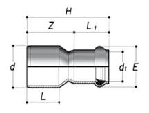 Kształtki kielichowe z uszczelką Kielich doklejany RAD10 KZ D1 = D SYMBOL L Z H L1 E PN 63 1130006 91 46 137 41 91 10 75 1130007 107 54 161 44 106 10 90 1130008 112 63.