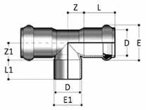 Kształtki kielichowe z uszczelką SYSTEM PVC - U Trójnik redukcyjny RTR40 D1 x D2 SYMBOL L1 L Z E E1 Z1 PN 75 x 63 1130100 101 104 41 107.5 91 33 10 90 x 63 1130053 101 108.5 49 124.