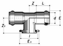 Kształtki kielichowe z uszczelką Trójnik kielichowo kołnierzowy RTE00 D x DN SYMBOL L Z E Z1 E1 PN 63 x 50 1130090 101 39 91 130 165 10 75 x 50 1130091 104 41 107 142 165 10 75 x 65 1130092 104 41