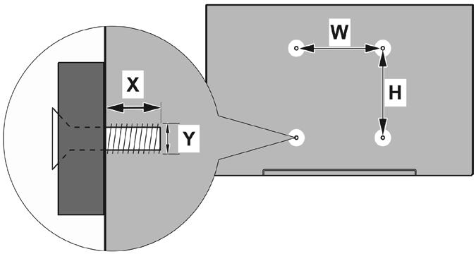 מ( ر A B C D Hole Pattern Sizes (mm) Length (X) VESA WALL MOUNT MEASUREMENTS W H 200 100 Screw Sizes min. (mm) 5 max.