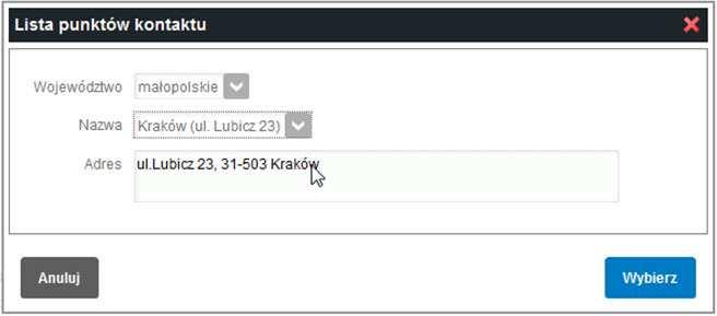 Rysunek 10. Dane osoby do kontaktu 2. W sekcji Preferowany punkt kontaktu PZU śycie SA* naleŝy uŝyć przycisku Wybierz, aby otworzyć okno selektora placówek.