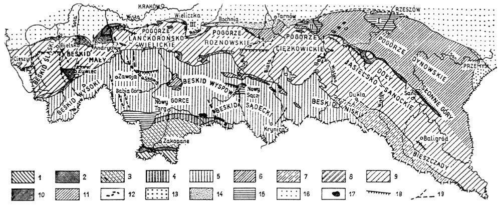 Poglądowa mapa geologiczna polskich Karpat (wg Książkiewicza i in.