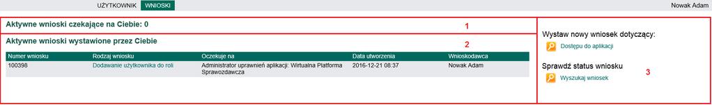 Menu Wnioski 4. Menu Wnioski Menu Wnioski podzielone jest na 3 sekcje.