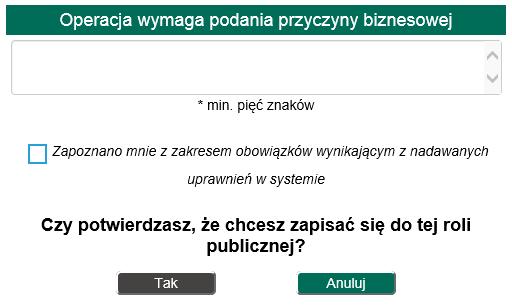 Wybór konkretnej roli z listy uruchamia formularz pozwalający na zawnioskowanie o nią.