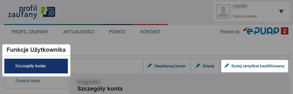 W tym celu należy rozwinąć opcje konta klikając w miejscu oznaczonym czerwonym prostokątem. Rys. 15. Wejście w opcje konta epuap. Rys. 16.