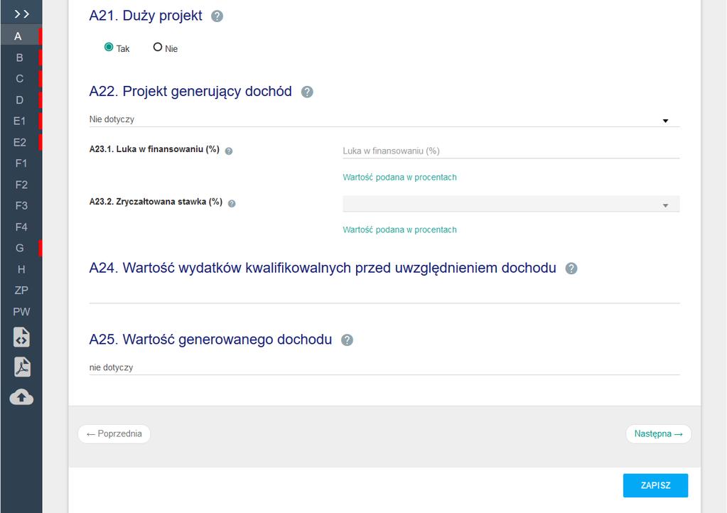 Przejście do edycji zapisanego wcześniej wniosku. 3.3. Edycja wniosku. Formularz podzielony jest na sekcje.