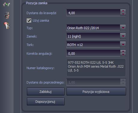 20. Parametry aktywnego zamka, a także jego pozycję w pionie (odległość od krawędzi siecznej oraz stopnie obrotu) możemy obserwować w panelu po prawej stronie okna programu.