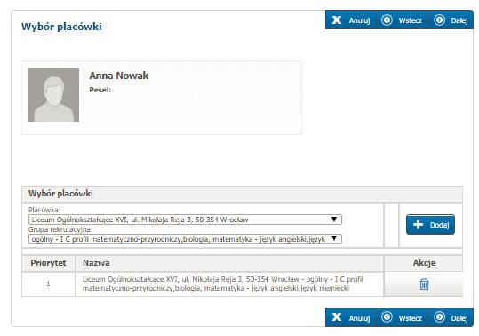 Rekrutacja do szko ł ponadgimnazjalnych. Rejestracja kandydata. S t r o n a 11 2. Następnie nacis nij +Dodaj Wybrana szkoła wraz z oddziałem/grupą rekrutacyjną pojawi się na lis cie preferencji.