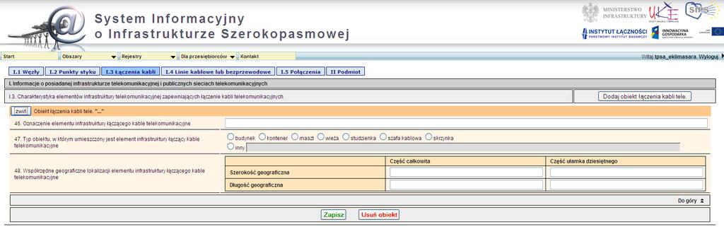 .." Przycisk rozwiń uruchamia pełny widok elementu Obiekt łączenia kabli tele, przedstawiony na rysunku poniżej.