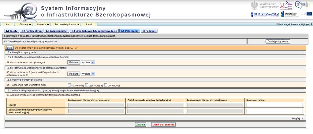 Rys. 25. Element Obiekt stanowiący połączenie pomiędzy węzłami sieci "... -..." Segment I.5 Połączenia opisuje charakterystykę połączeń pomiędzy węzłami sieci. Składa się on z następujących sekcji: I.