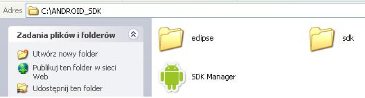 Po pobraniu i rozpakowaniu, w rozpakowanym katalogu powinniśmy zobaczyć katalogi eclipse, sdk, oraz program SDK Manager.