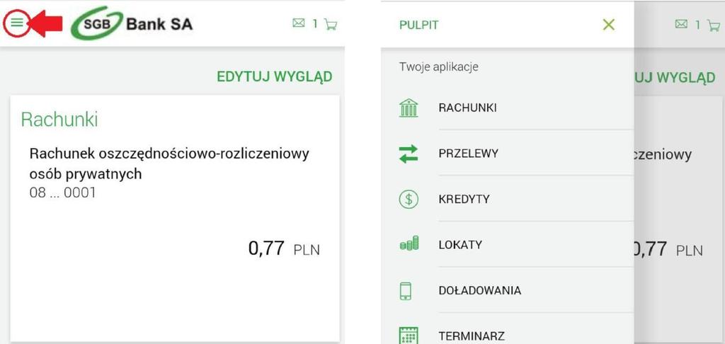 Menu udostępnia następujące opcje: PULPIT - umożliwia wyświetlenie pulpitu z miniaplikacjami, Twoje aplikacje - zawiera listę dostępnych i pobranych przez użytkownika miniaplikacji z butiku.