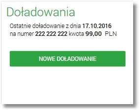 Usługa Bankowości Elektronicznej KDBS24 zapewnia użytkownikowi dostęp do miniaplikacji Doładowania z dwóch głównych poziomów: - widżetu Doładowania (wyświetlanego na pulpicie o ile użytkownik nie