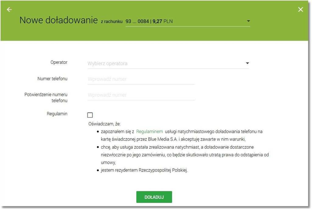 Regulamin - pole typu checkbox, potwierdzające zapoznanie się z regulaminem usługi natychmiastowego doładowania. Zaznaczenie pola jest obligatoryjne do realizacji doładowania telefonu.