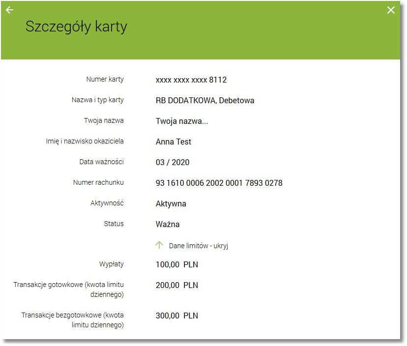 Modyfikacja nazwy własnej karty W celu ułatwienia identyfikacji karty, użytkownik z poziomu listy kart oraz szczegółów karty ma możliwość modyfikacji nazwy własnej za pomocą ikonki znajdującej się