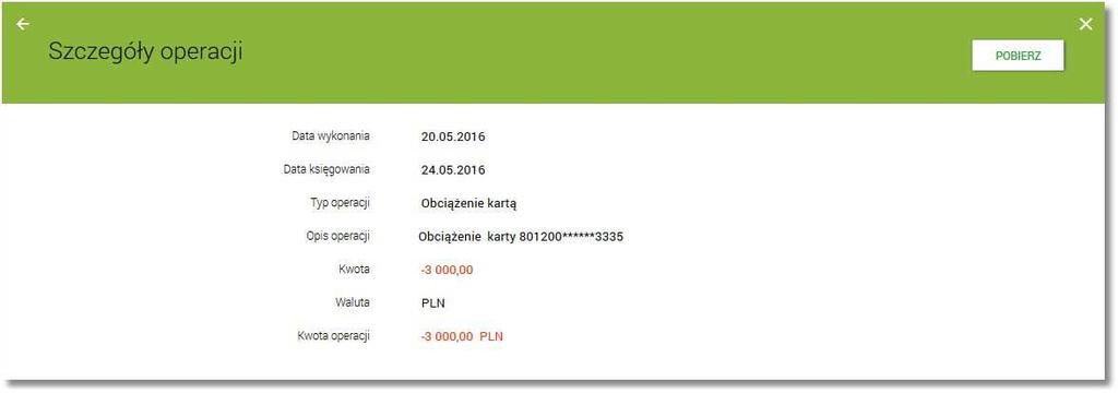Przeglądanie szczegółów pojedynczej operacji wykonanej kartą Aby przejść do szczegółów wybranej operacji kartowej należy z poziomu historii karty, dla wybranej operacji wybrać odnośnik SZCZEGÓŁY