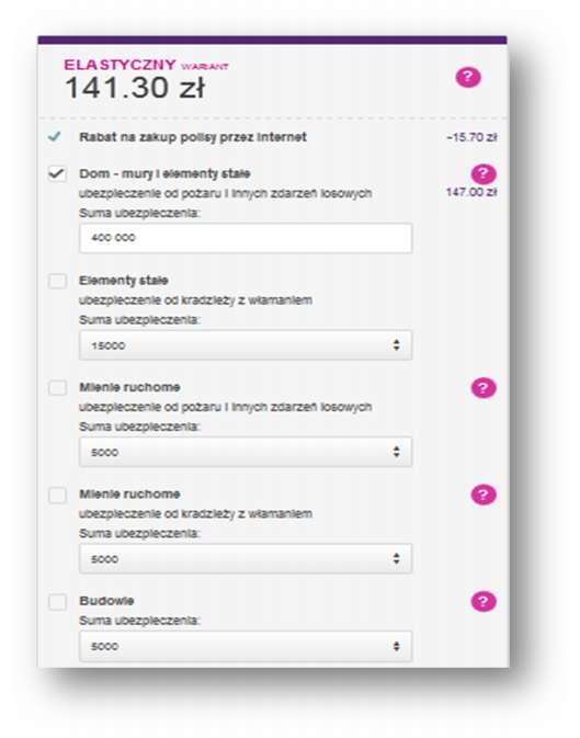 Pakiet elastyczny To wariant w którym masz możliwość wyboru zakresu ubezpieczenia od ryzyk nazwanych, ustanowienia konkretnych sum ubezpieczenia oraz dołączenia dodatkowe zakresu ochrony: np.