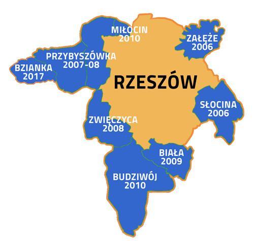 Rys. 4.2. Osiedla Rzeszowa, w tym włączone w ostatnich latach do granic miasta Wedle stanu 1 marca 2018 r. liczba ludności wynosiła 189 637 osób.