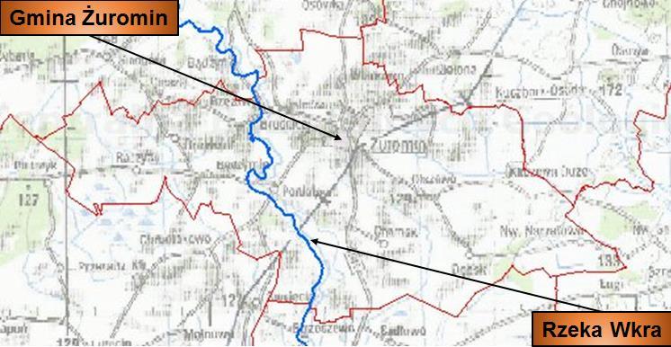 5.4. Gospodarowanie wodami WODY POWIERZCHNIOWE Przez Gminę Żuromin przepływa rzeka Wkra o długości 249,1 km, która jest prawym dopływem Narwi. Powierzchnia dorzecza rzeki Wkry obejmuje 5 322 km 2.