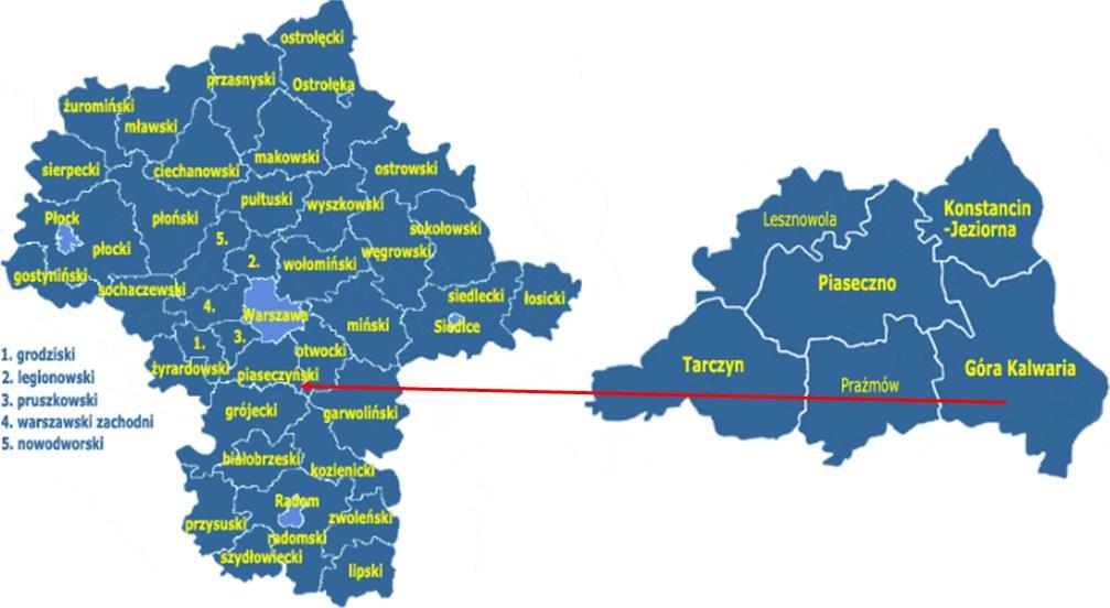 Rysunek 3. Gmina Góra Kalwaria na tle województwa mazowieckiego i powiatu piaseczyńskiego Źródło: http://www.gminy.