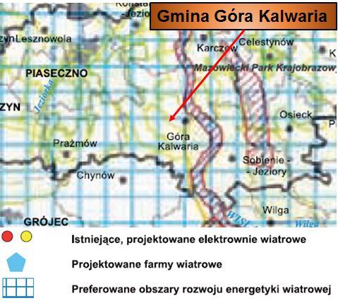 Rysunek 8. Obszary preferowane do rozwoju energetyki wiatrowej w województwie mazowieckim Źródło: Program Możliwości Wykorzystania Odnawialnych Źródeł Energii dla Województwa Mazowieckiego 4.7.2.