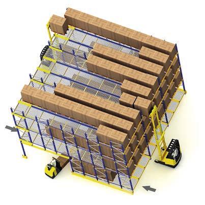 Regały magazynowe Półautomatyczne systemy głębokiego składowania Under Pallet Carrier (UPC) Transporter palet, samodzielnie poruszający się w głąb danego kanału (poziomu) składowania pozwala na