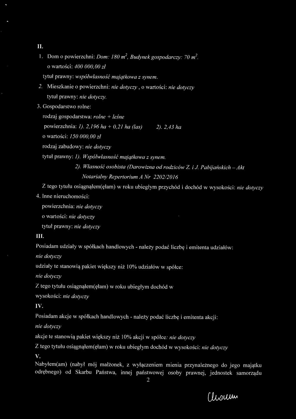 Współwłasność majątkowa z synem. 2). Własność osobista (Darowizna od rodziców Z.