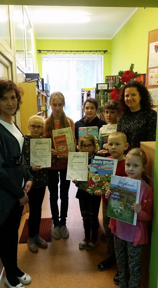 LAUREACI KONKURSU zorganizowanego przez Bibliotekę Szkolną pod hasłem W hołdzie zmarłej poetce Wandzie Chotomskiej -Ilustracja do wiersza. Klasy IV-VII I miejsce Sroka Kinga kl.
