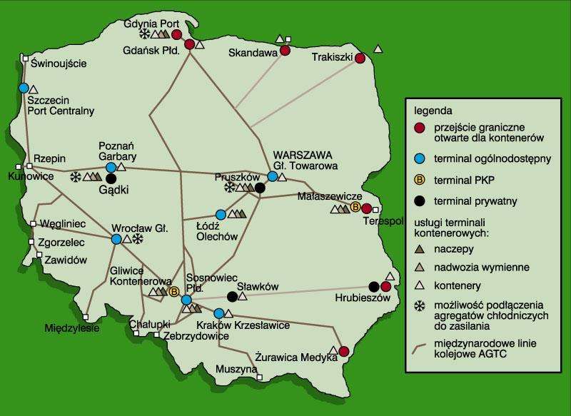 Mapa połączeń i terminali transportu kombinowanego w Polsce Spedycja